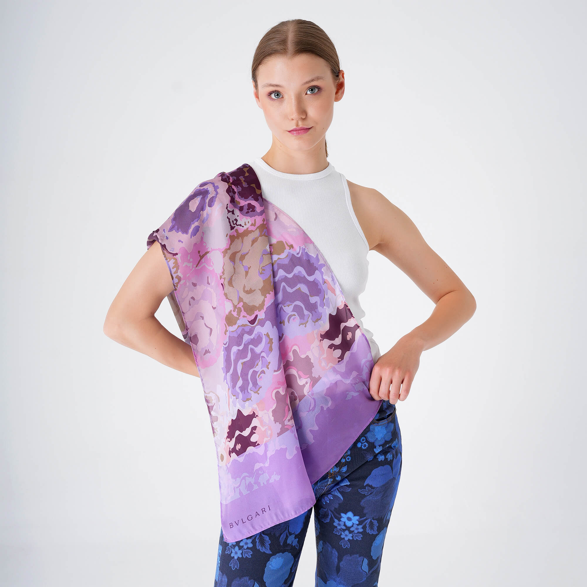 Bvlgari - Purple Silk Floral Print Shawl